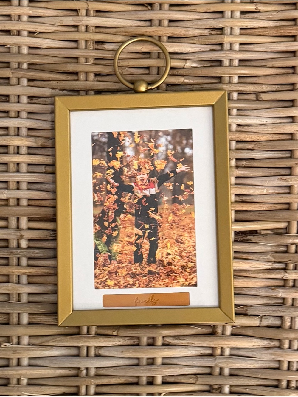 Gold Metal Picture Frame w Tan Lather 'Family' Tag - fits 3.5 x 5" pic w mat